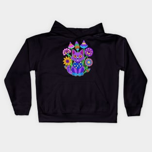 Purple trippy cat and magic mushrooms Kids Hoodie